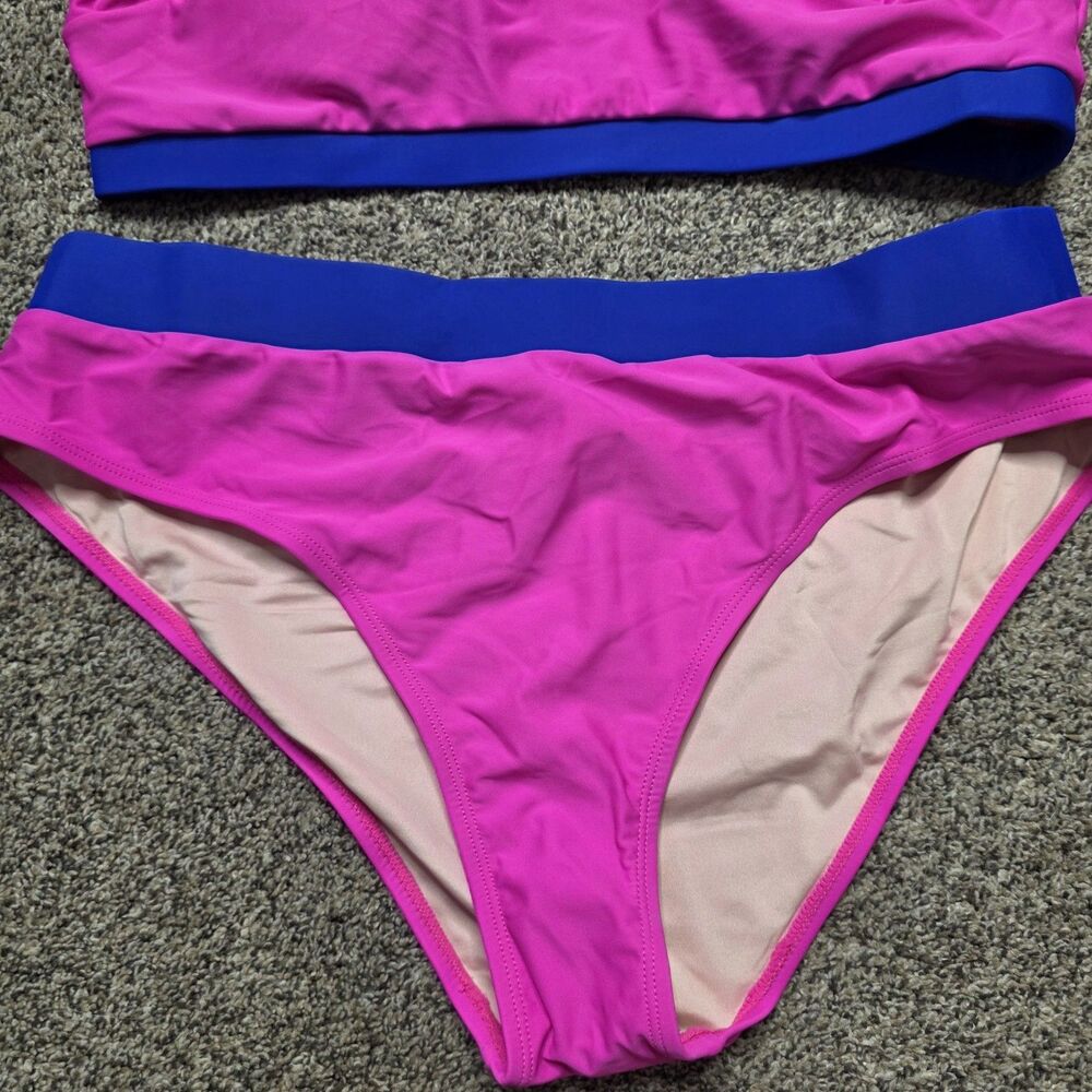 NWT Cupshe Two Piece Swimsuit Size XL Hot Pink Blue Bikini Activewear Pool Beach - Picture 2 of 8
